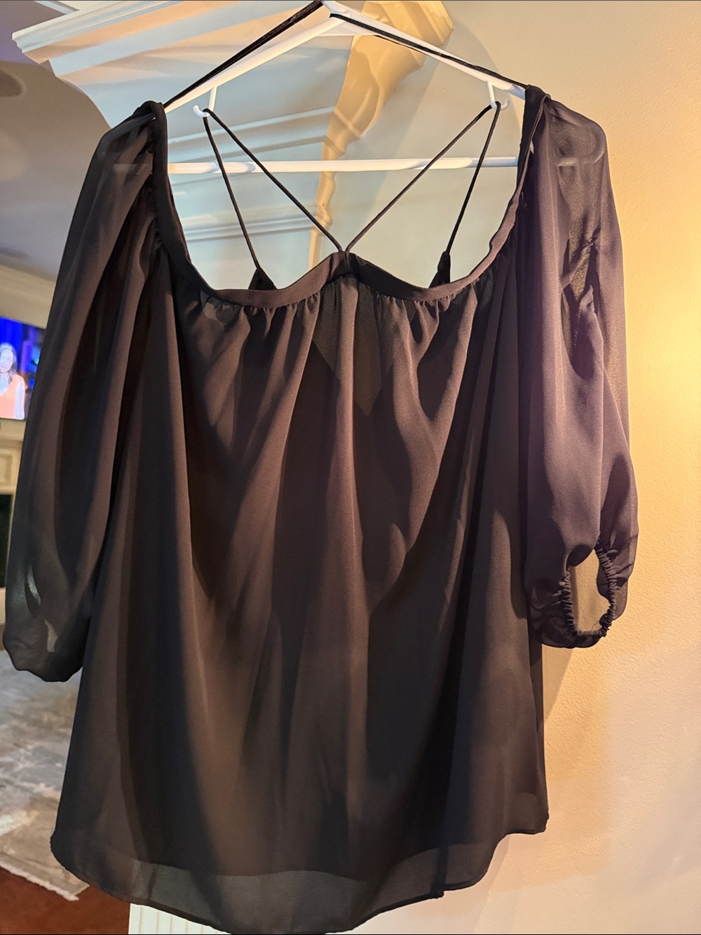 Sheer Off-Shoulder Blouse with Crisscross Back - Black